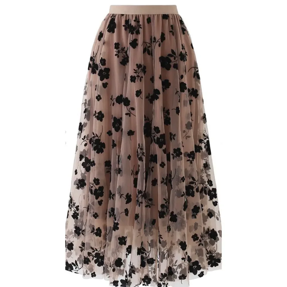 3D DOUBLE-LAYERED MESH MIDI SKIRT IN CARAMEL Size L - Picture 2 of 6